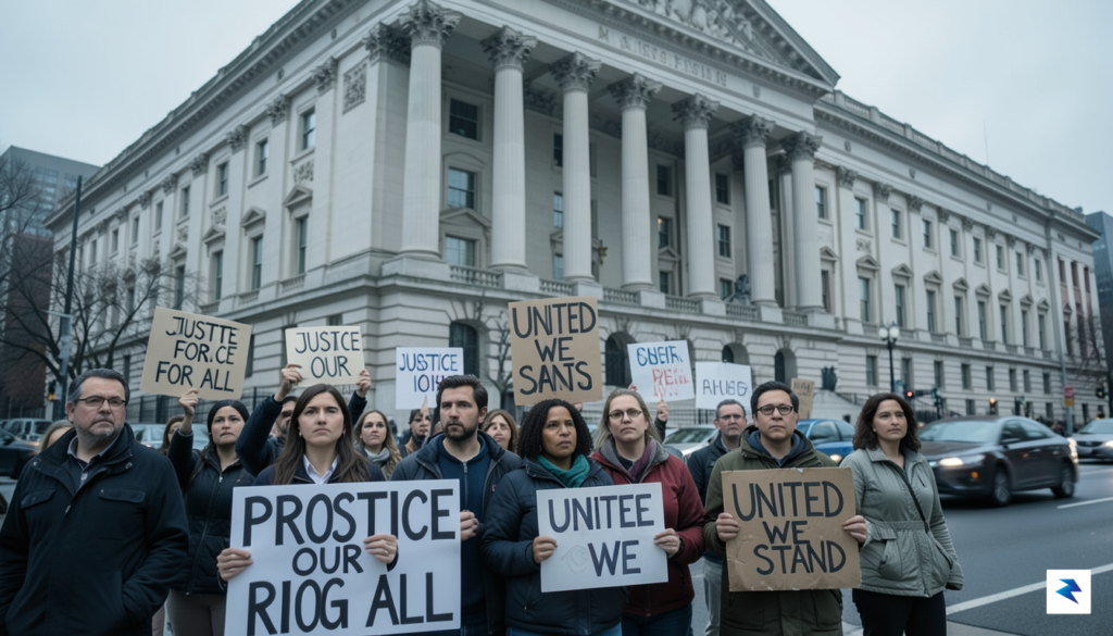 A somber, high-resolution photograph showing a group of citizens holding…