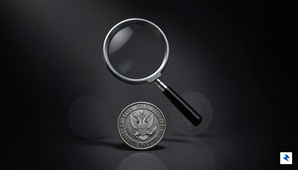 A conceptual illustration showing a dark, stylized magnifying glass hovering…