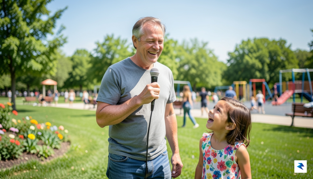 A candid, vibrant photo of Julian Shapiro-Barnum holding a microphone&hellip;