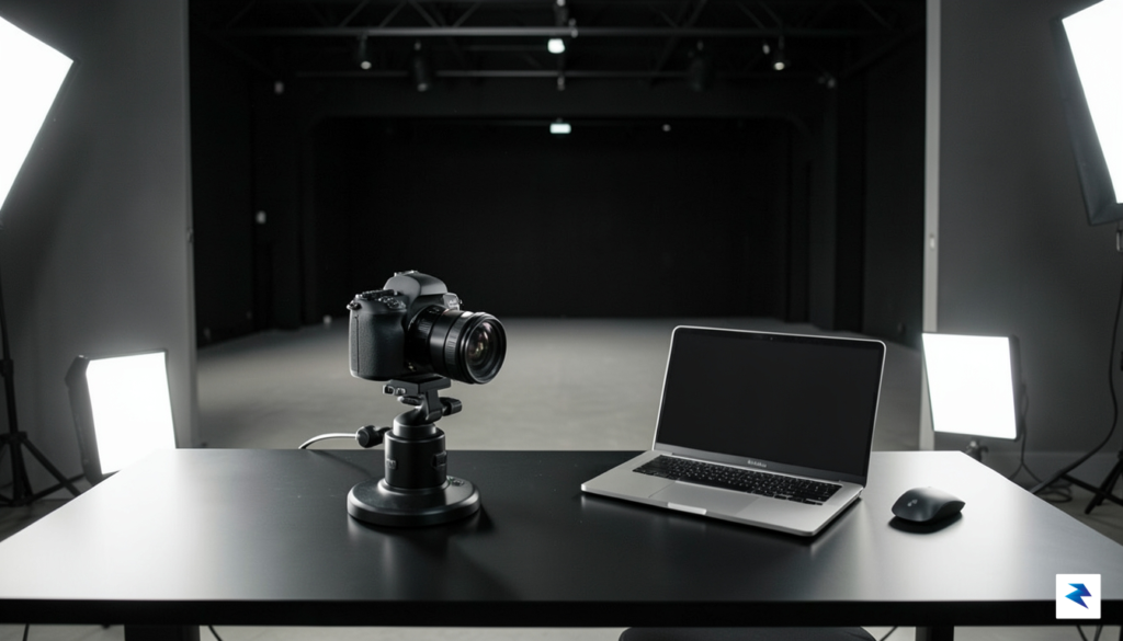 A behind-the-scenes shot of a minimalist, modern YouTube studio setup&hellip;