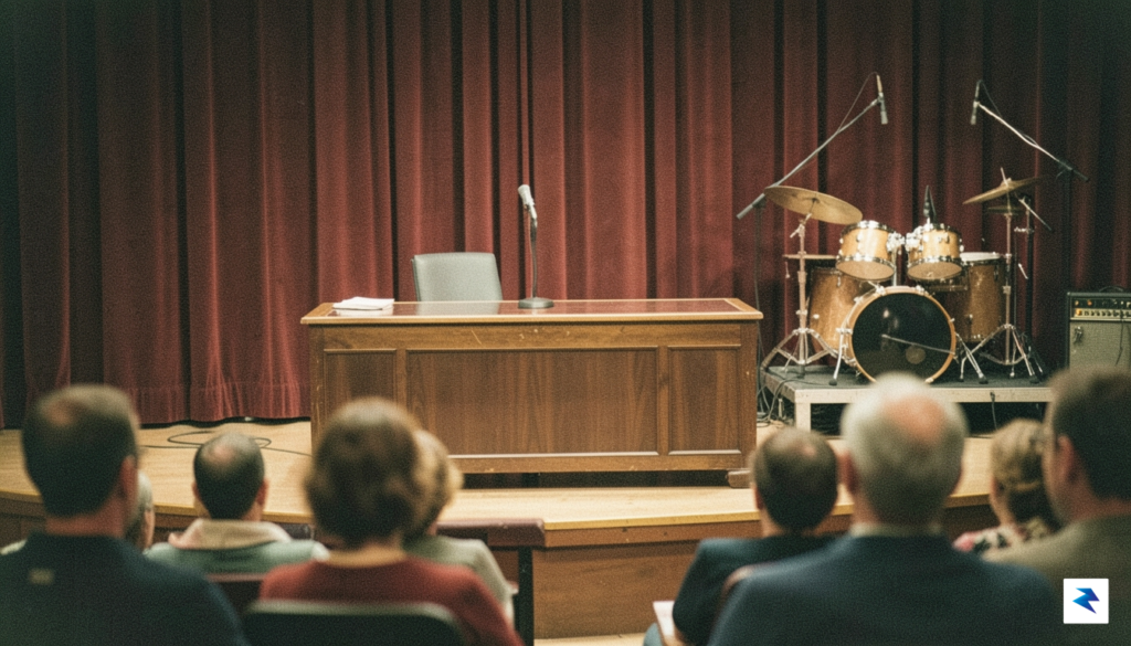 A nostalgic, grainy photograph of a classic 1970s television studio&hellip;