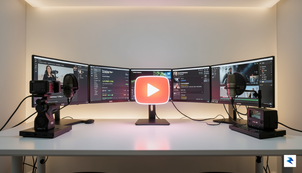 A modern, minimalist studio set featuring a glowing neon YouTube&hellip;