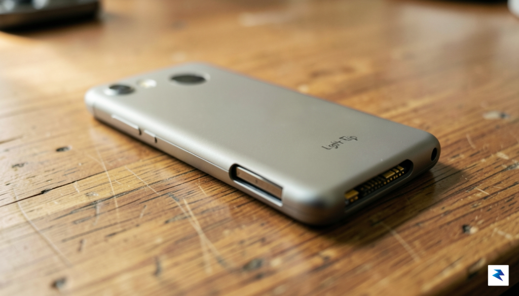 A close-up, high-definition photograph of a Light Flip phone resting…