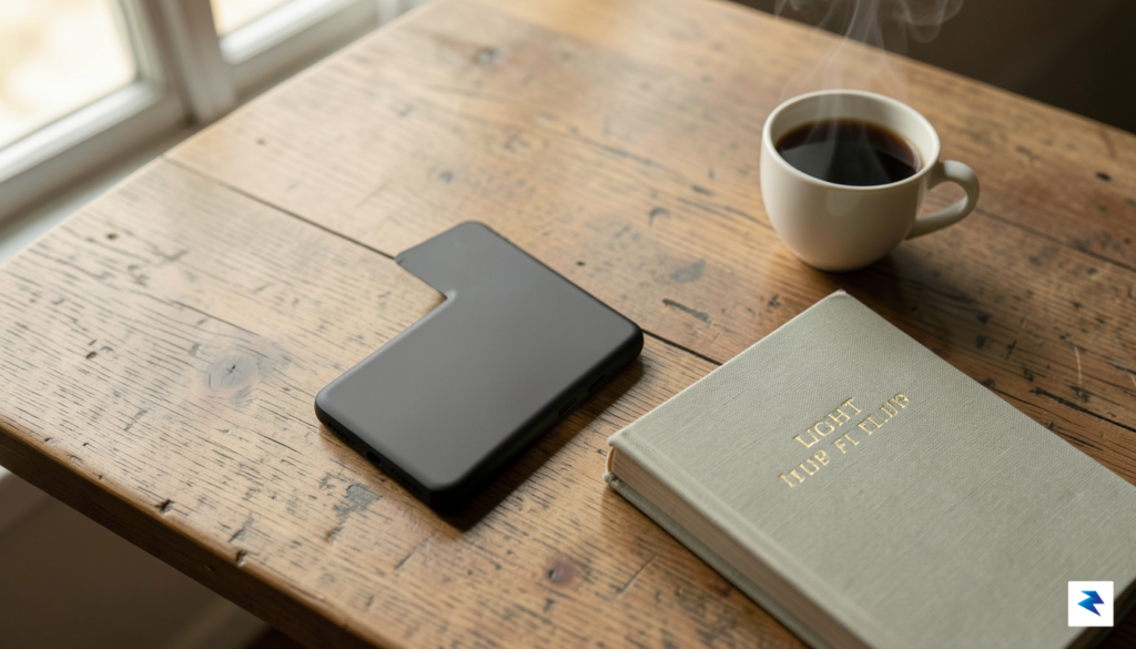 A minimalist, high-angle photograph of a Light Flip phone resting…