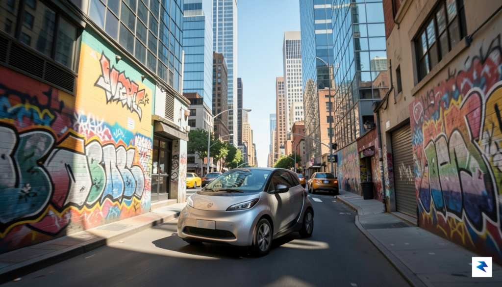 A vibrant, high-angle street photography shot of a compact, futuristic…