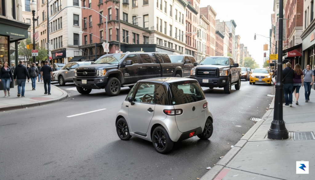 A wide-angle street-level shot showing a tiny, compact micro-EV parked…
