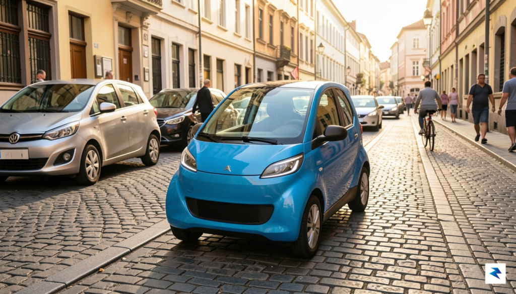 A modern, compact micro-EV parked on a narrow, sunlit cobblestone…