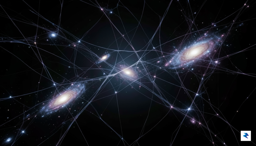 A deep-space visualization showing massive, web-like structures of glowing galaxies&hellip;