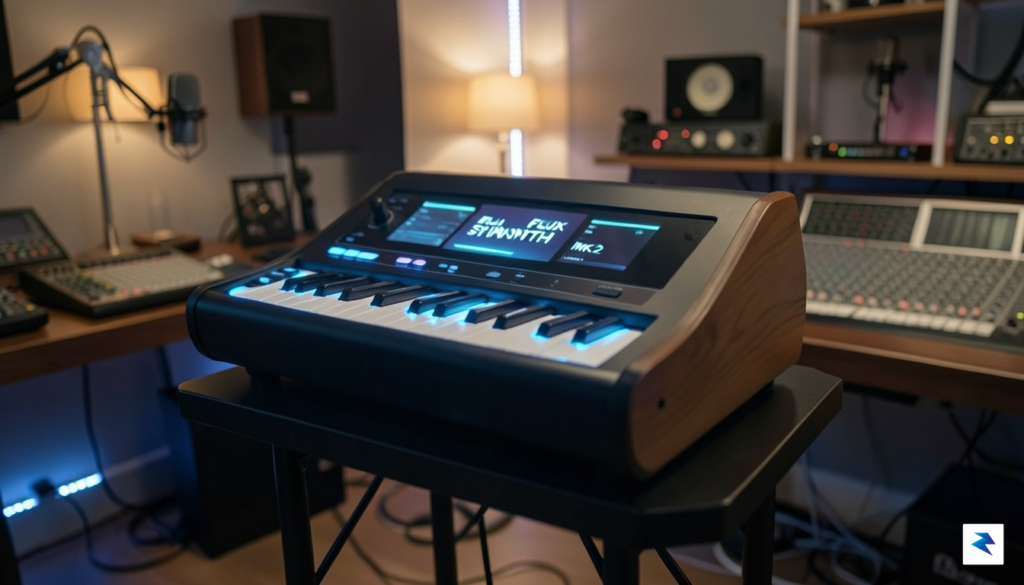 A sleek, futuristic synthesizer with a glowing interface and wood-grain&hellip;