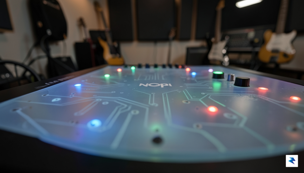 A close-up, high-definition shot of the Nopia synthesizer's translucent, touch-sensitive&hellip;