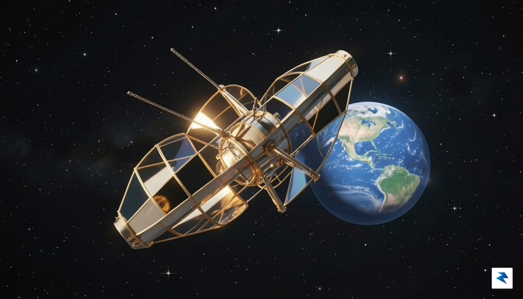 A conceptual illustration of a futuristic space telescope orbiting in…