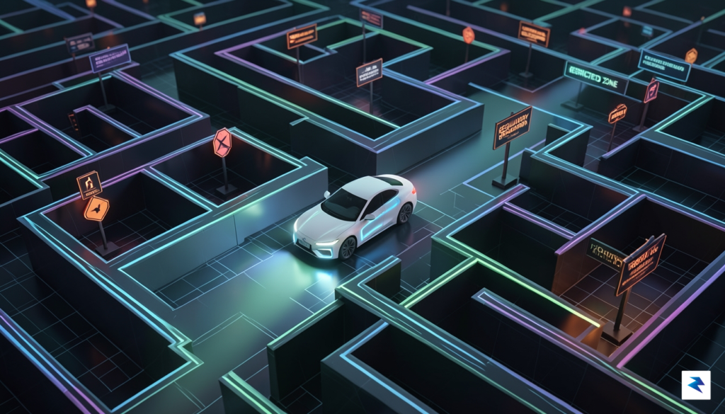 A conceptual illustration showing a digital maze representing complex regulatory&hellip;