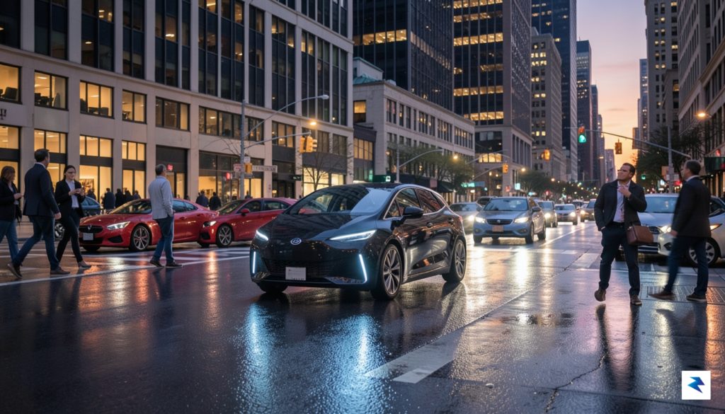 A sleek, modern autonomous vehicle driving through a bustling city&hellip;