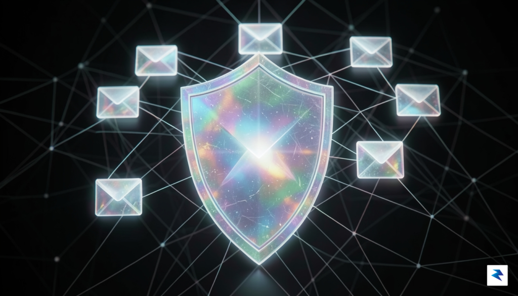 A conceptual digital art piece showing a glowing, translucent shield…