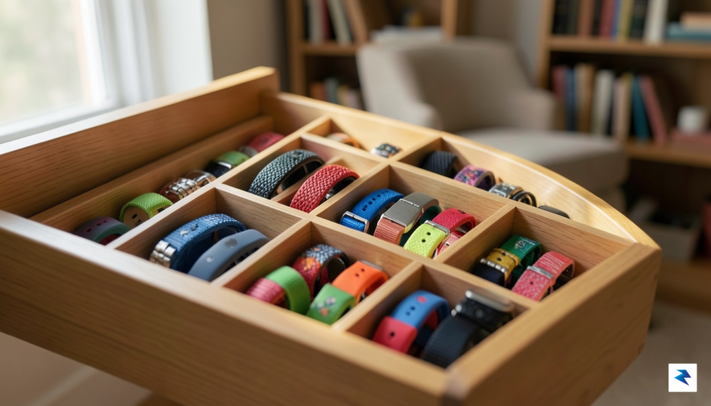 A close-up, high-definition photograph of a neatly organized drawer filled…