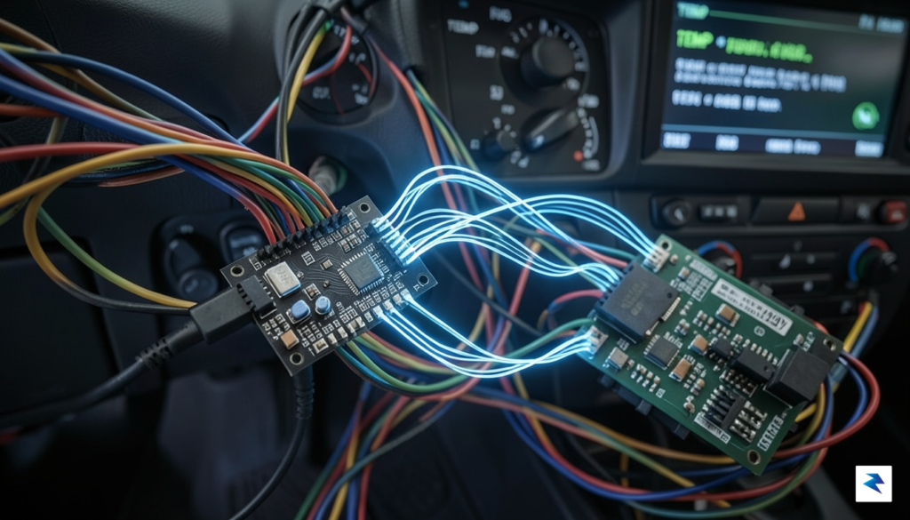 A close-up technical diagram showing a small black telematics circuit&hellip;