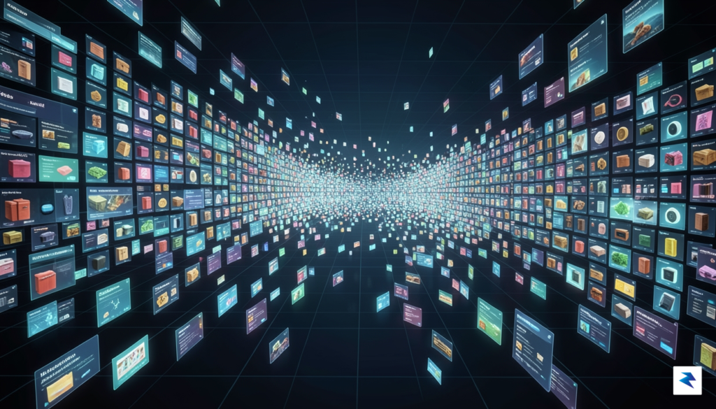 A wide-angle digital illustration showing a busy digital warehouse interface&hellip;