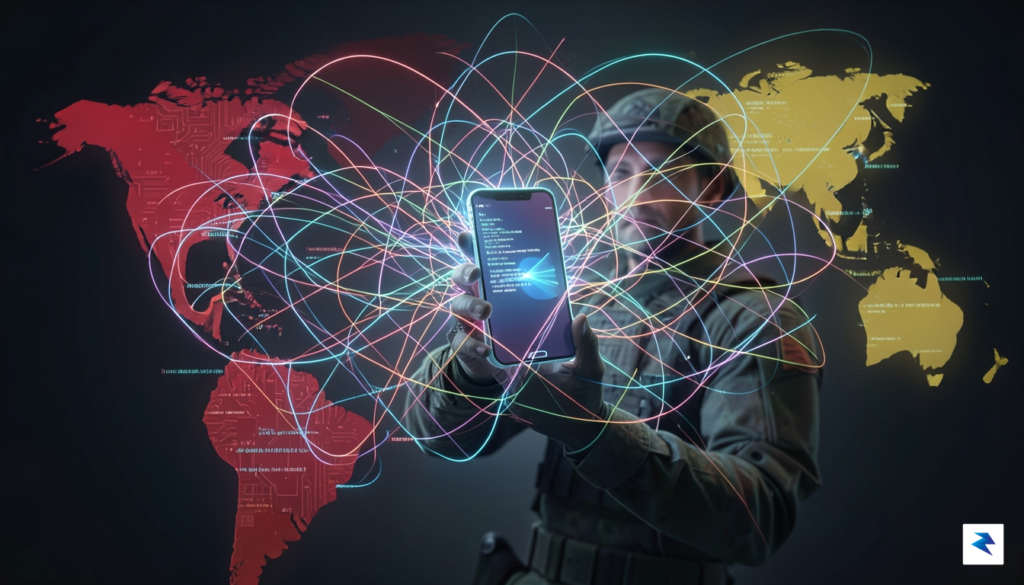 A conceptual digital illustration showing a complex web of interconnected…