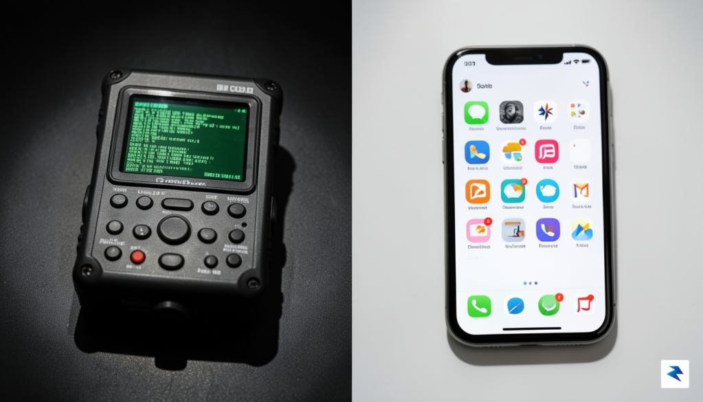 A conceptual split-screen image showing a secure military comms device…