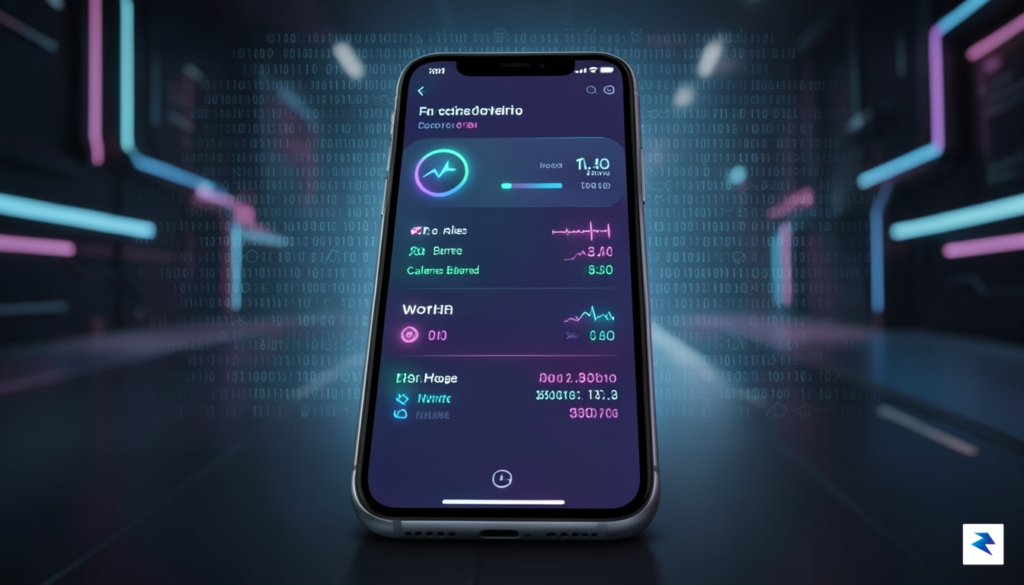 A close-up, high-tech digital illustration of a smartphone screen displaying…