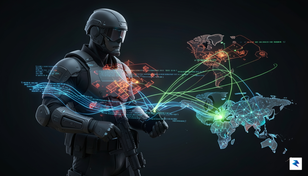 A conceptual digital illustration showing a soldier’s silhouette overlaid with…