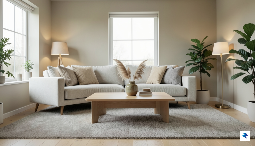 A modern living room designed with warm minimalism. It features&hellip;