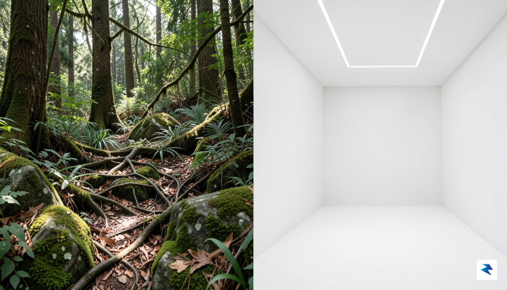 A comparative split-screen image showing a lush, sun-dappled forest floor&hellip;