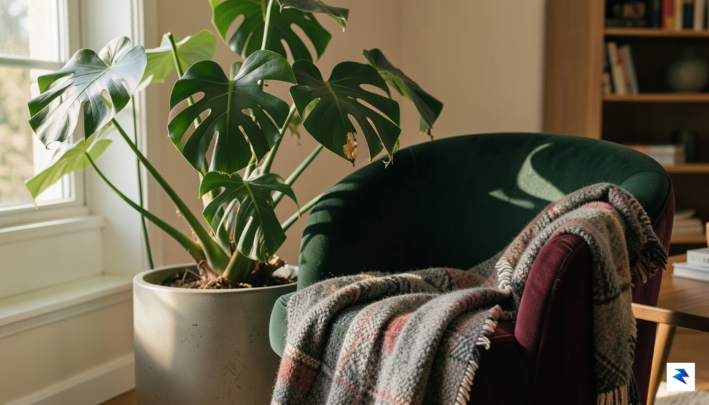 A cozy, sunlit living room corner featuring a large monstera&hellip;