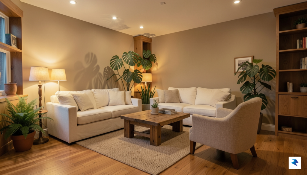 A wide-angle shot of a living room featuring soft, warm&hellip;