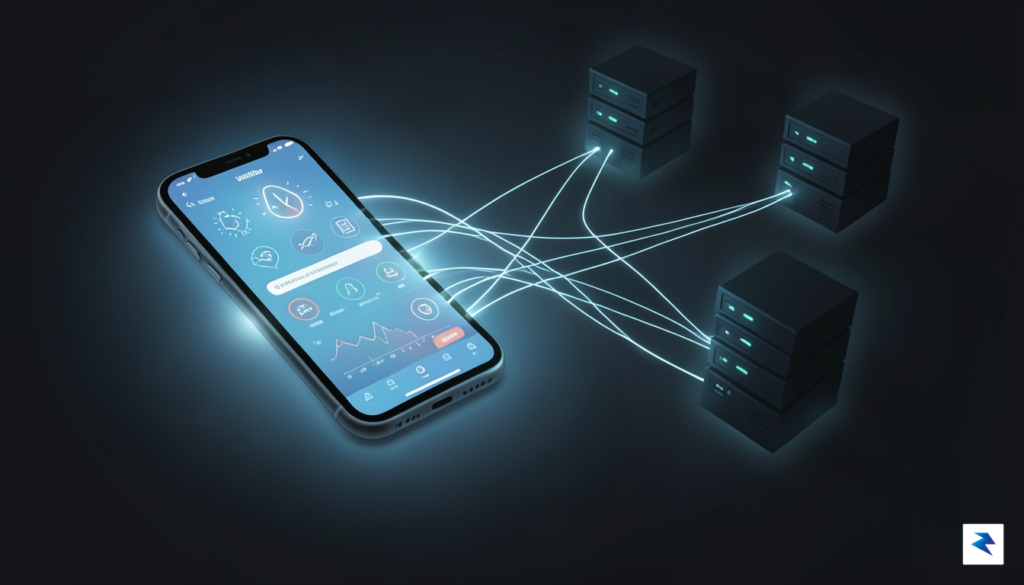 A conceptual digital illustration showing a glowing smartphone screen connected…