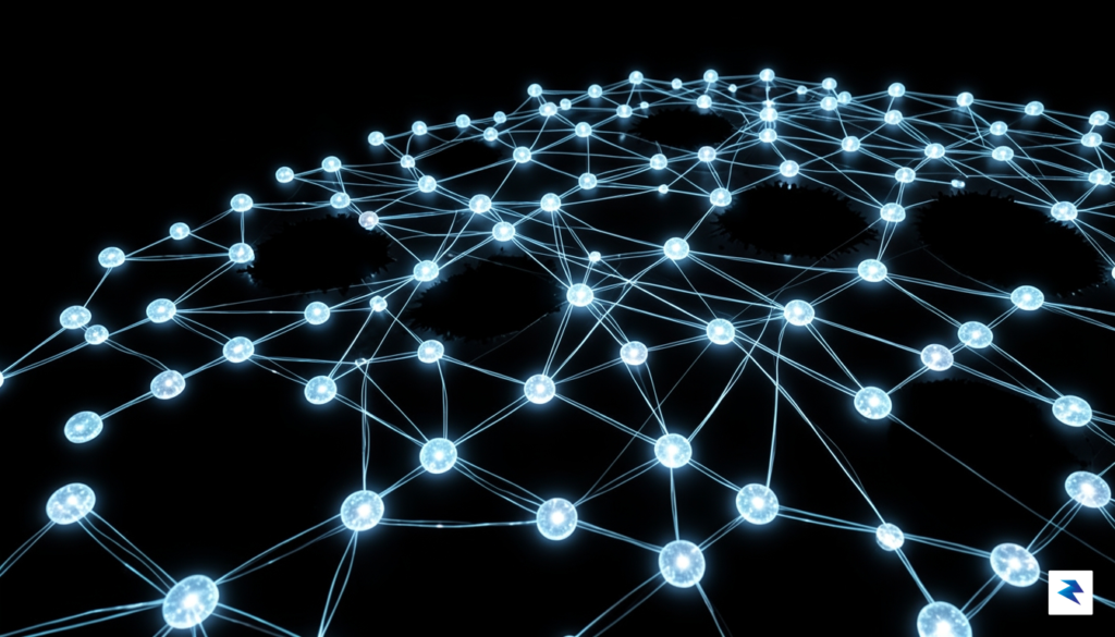 A conceptual digital landscape showing a glowing, interconnected web of…