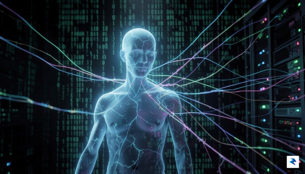 A conceptual digital art piece showing a glowing, fragile human…