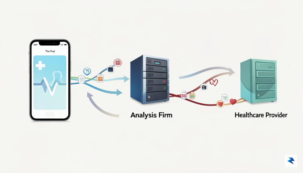 A diagram showing data flowing from a smartphone app icon…