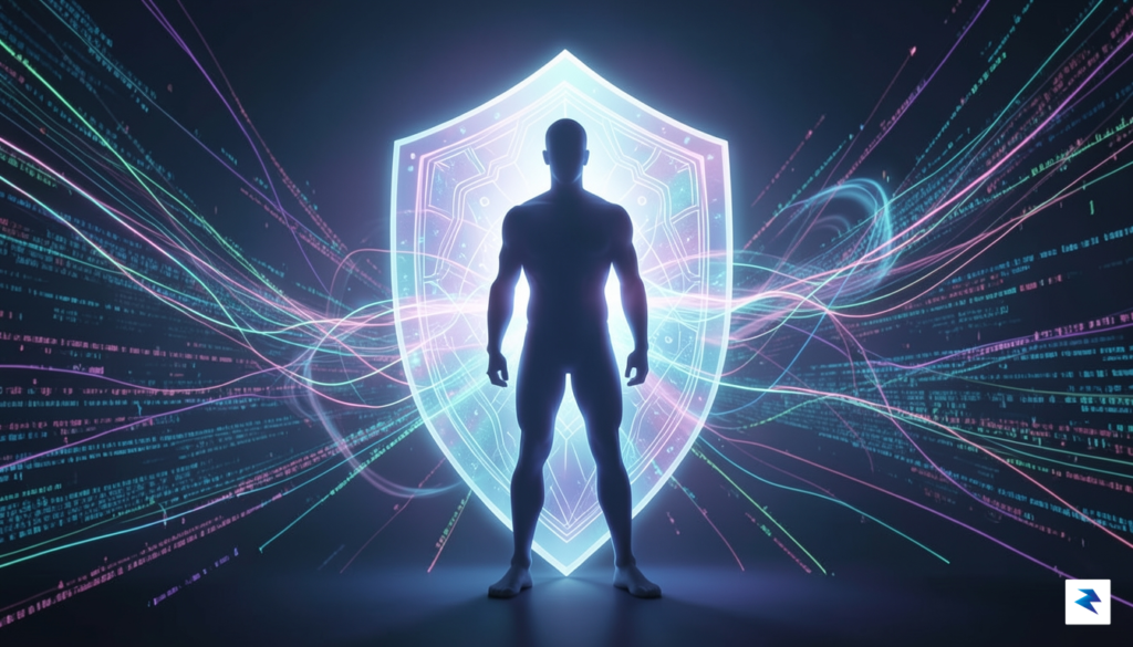 A conceptual digital illustration showing a human silhouette protected by…