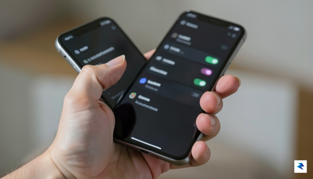 A close-up of a person's hand holding a smartphone, with…