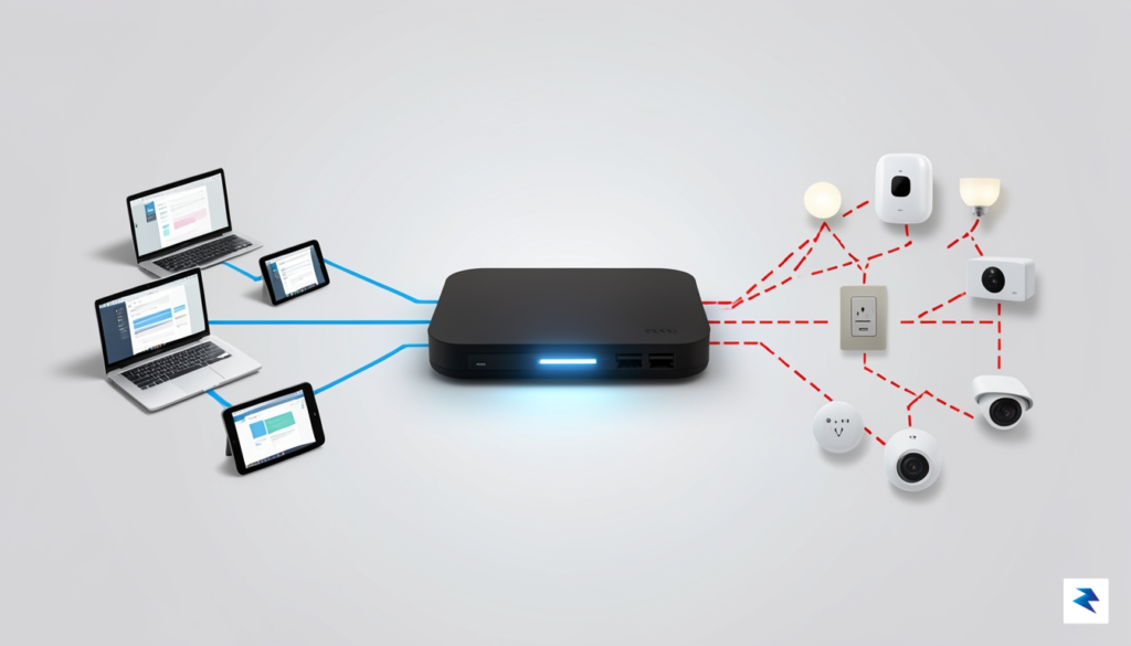 A clean, modern digital illustration showing a network router separating…
