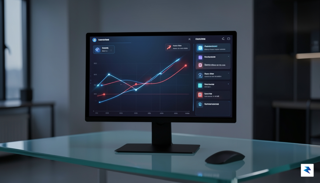 A high-tech, glowing dashboard interface on a computer monitor displaying…