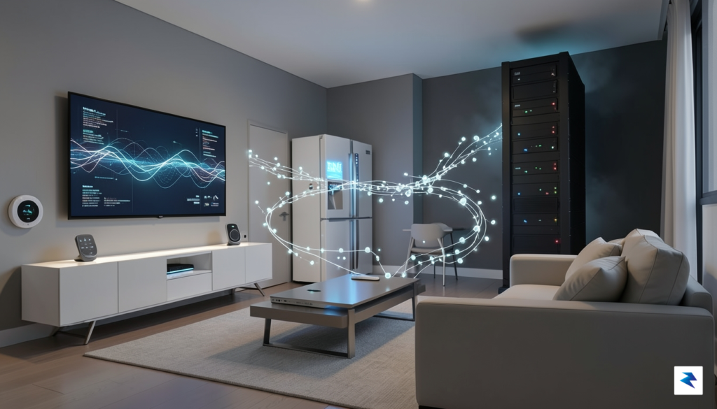 A conceptual digital illustration showing a modern smart home living…