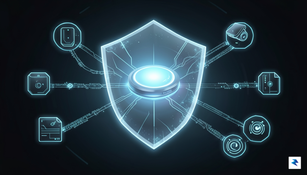 A conceptual digital illustration showing a glowing, secure home network…