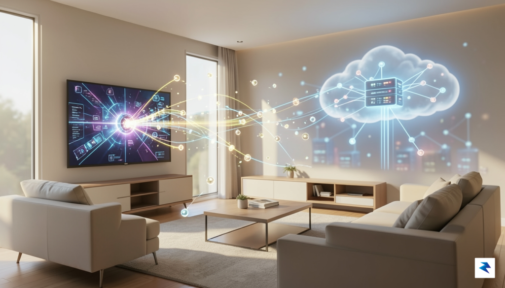 A conceptual digital illustration showing a modern living room with…