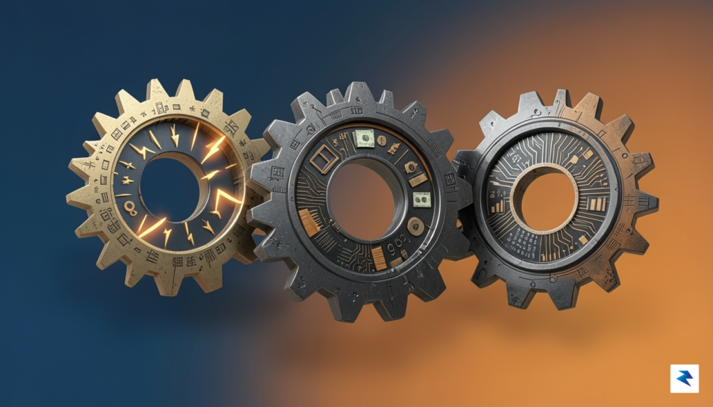 A conceptual digital illustration showing three interlocking, stylized gear-like structures&hellip;