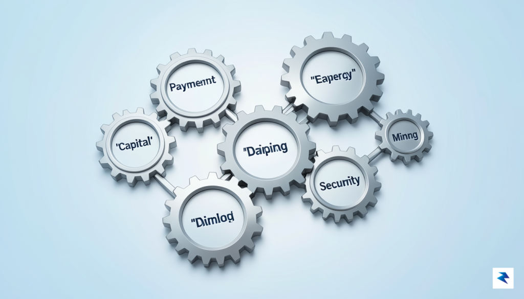 A modern, minimalist digital illustration showing modular, interconnected gears representing&hellip;