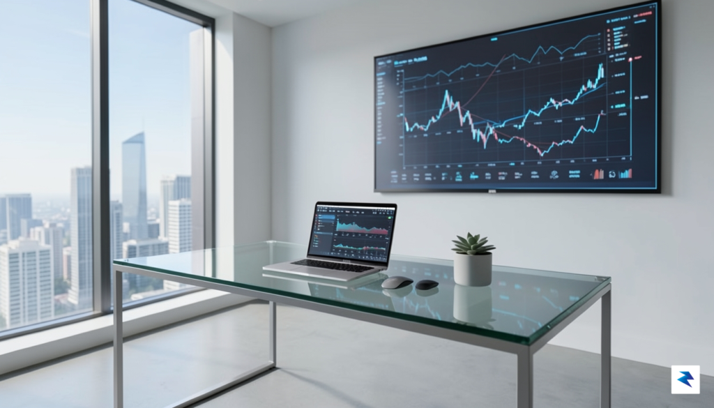 A modern, minimalist office workspace with charts of digital asset&hellip;
