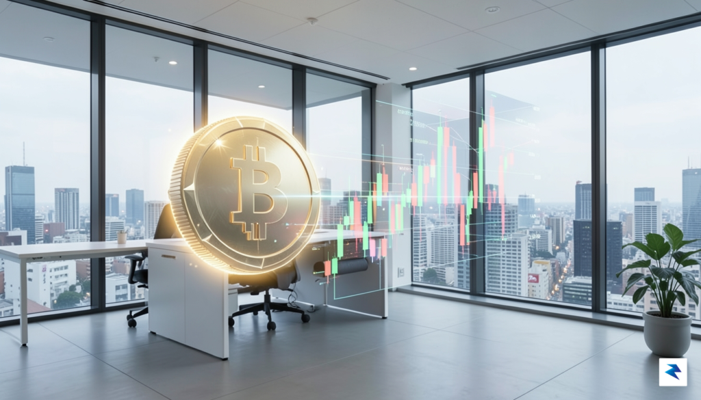 A conceptual digital illustration showing a glowing, multi-faceted cryptocurrency token&hellip;