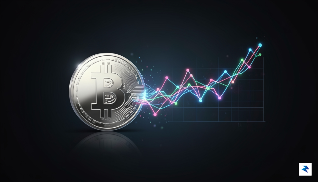 A conceptual illustration showing a digital Bitcoin icon transitioning from&hellip;
