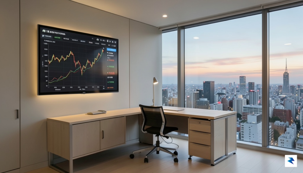 A modern, minimalist Japanese household office with a digital dashboard…