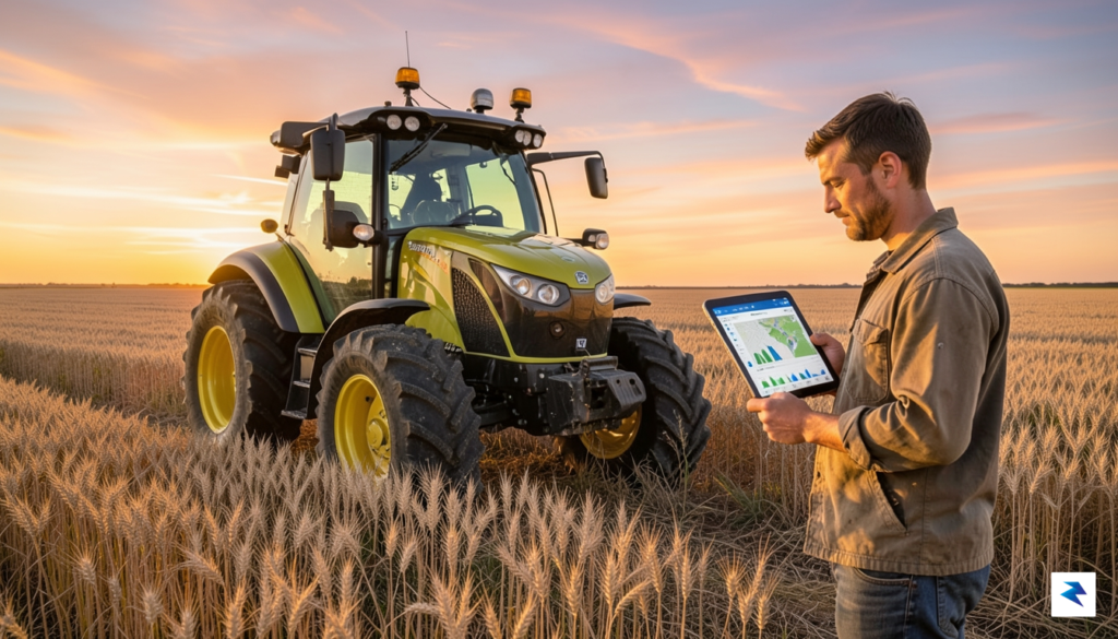 A wide-angle shot of a modern, high-tech John Deere tractor…