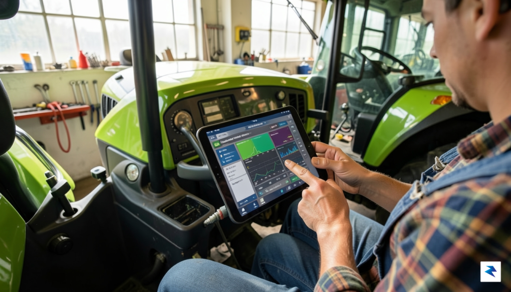A close-up, high-resolution shot of a farmer using a tablet…