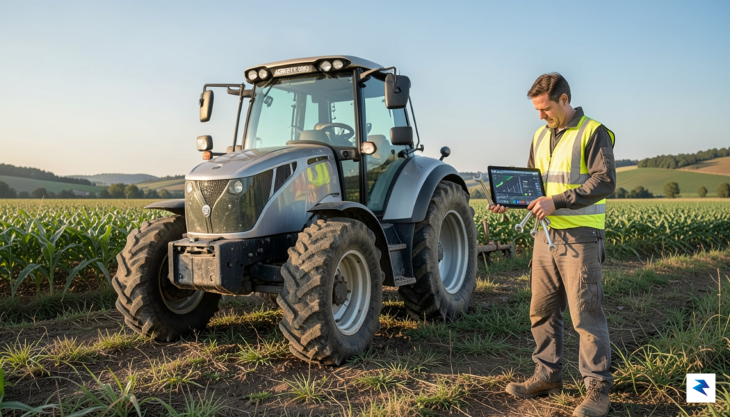 A modern, high-tech tractor parked in a rural field with…