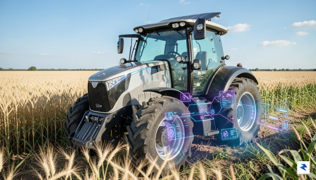 A wide-angle, high-resolution photograph of a modern, high-tech tractor parked…